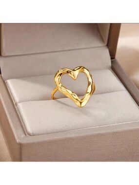 Chic Cuff Ring Stainless Steel 18k Gold Plated  Hollow Heart Design Adjustable